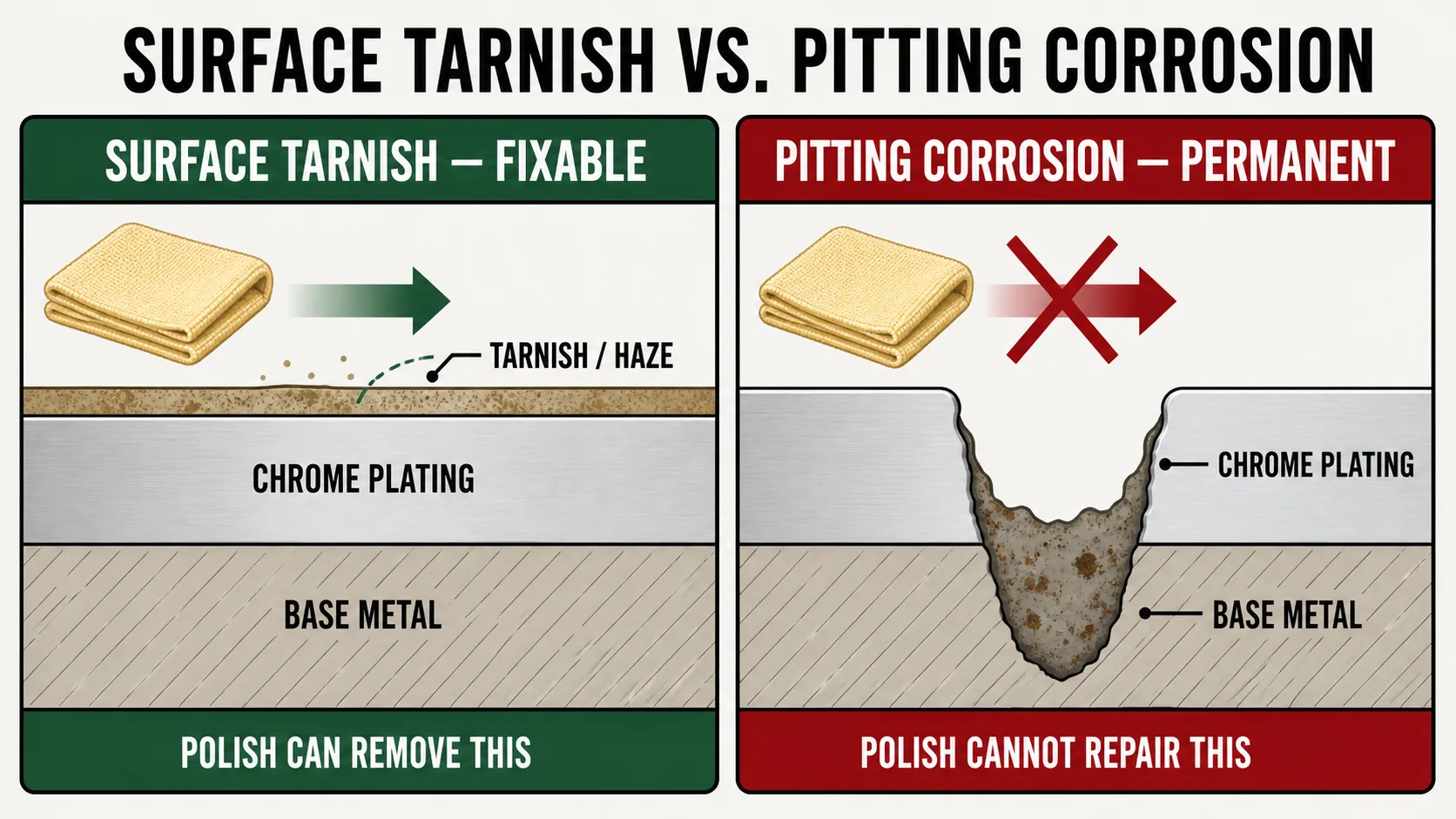Diagram comparing two chrome-trim cross-sections: one with a thin tarnish film sitting on intact plating, which polish can remove, and one with a pit that has breached through the plating into the base metal, which polish cannot repair.