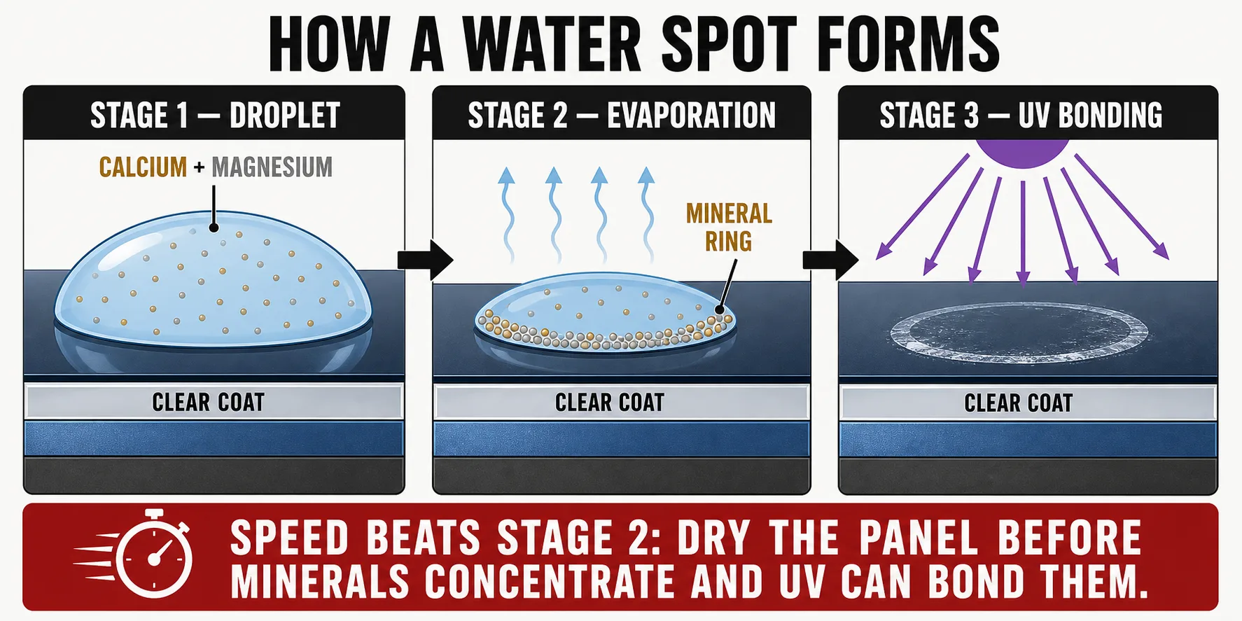 Diagram of the two-stage water-spot mechanism: a water droplet evaporating on car paint, its dissolved minerals concentrating at the shrinking edge, then UV light bonding that mineral ring to the clear coat.