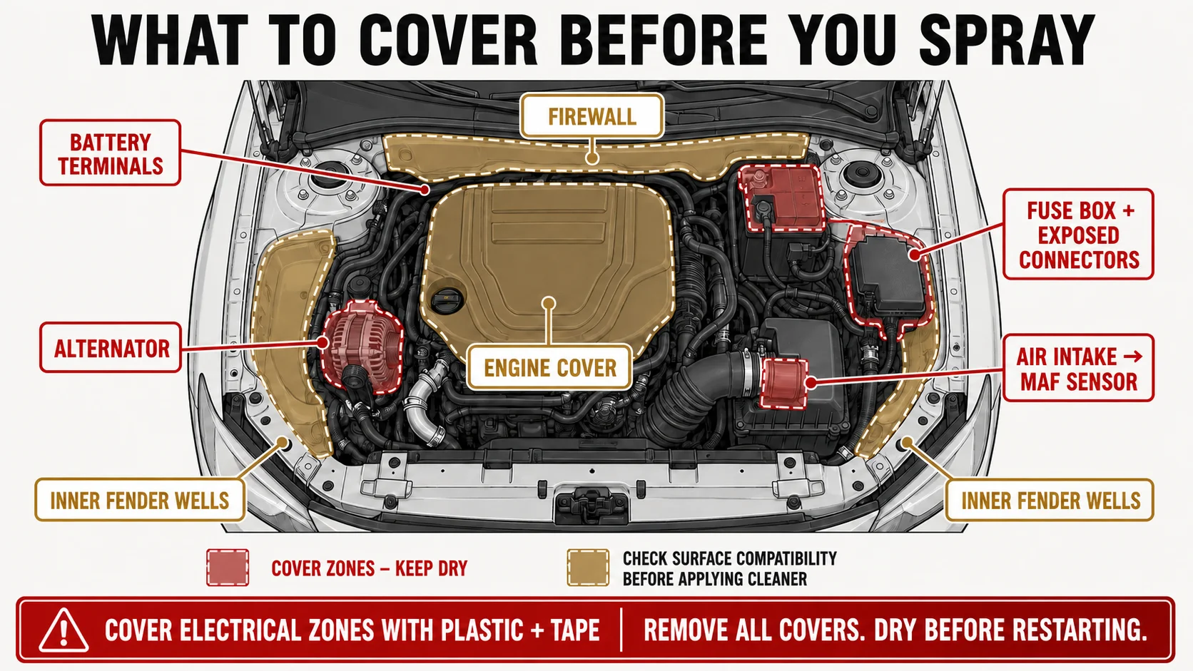 Schematic engine bay showing electrical parts and the air intake to protect, with a reminder to check the finish and cleaner before treating other surfaces.