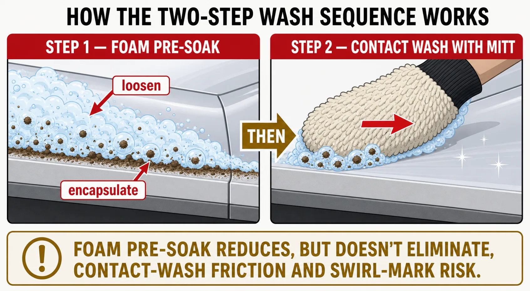 Two-panel diagram: step 1 shows thick foam clinging to a car body panel during a pre-soak dwell period; step 2 shows a wash mitt dragging through that panel to lift the loosened dirt, with a note that foam pre-soak reduces but doesn't eliminate contact-wash risk