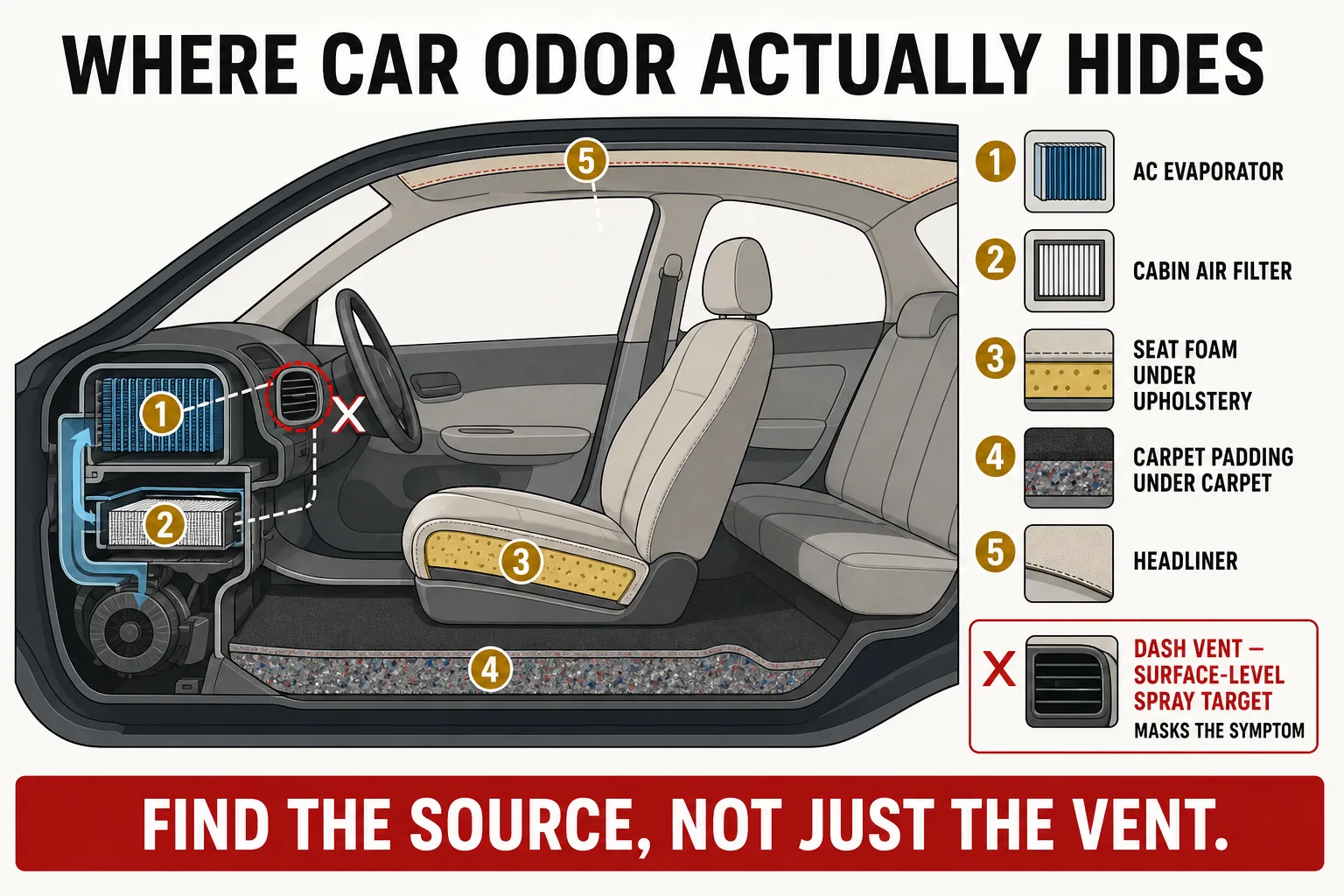 Labeled side-profile diagram of a car interior showing five places odor actually gets trapped (the AC evaporator, the cabin air filter, seat foam under the upholstery, carpet padding under the carpet, and the headliner), next to the dash vent, marked as the surface-level spot people mistakenly spray.