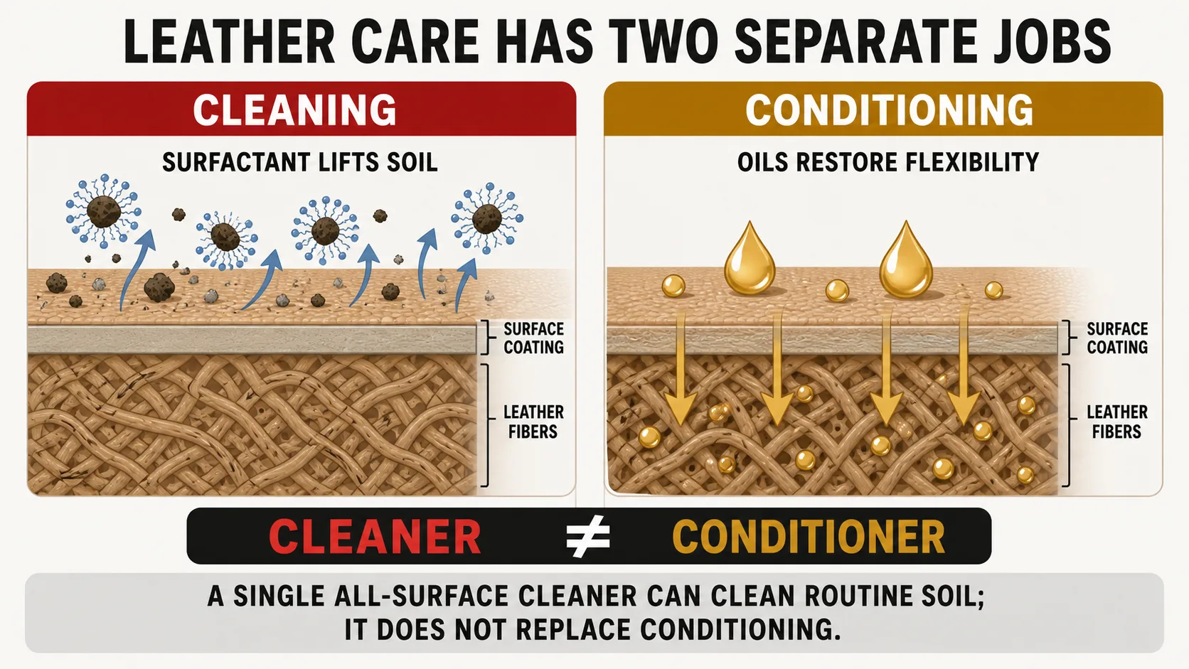 Diagram contrasting two leather-care outcomes: a general all-surface cleaner that only lifts surface dirt, leading to a dried, cracked seat, versus a leather-specific cleaner-and-conditioner routine that also replaces the hide's internal moisture, keeping the seat flexible.