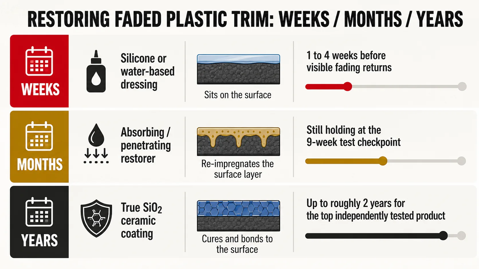 Diagram comparing three trim-restoration durability tiers: a silicone or water-based dressing lasting one to four weeks, an absorbing restorer lasting several months, and a true SiO2 ceramic coating lasting up to about two years