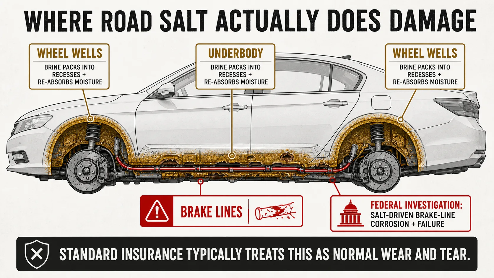 Side-view diagram of a car with the wheel wells highlighted in gold as areas where salt and brine buildup packs in, and a red band along the underbody marking the brake lines that a federal investigation tied to salt-driven corrosion and failure