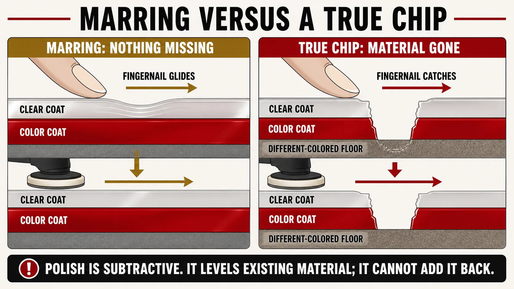 Two-panel diagram: panel one shows a shallow scratch or swirl on a car's clear coat that a fingernail glides over smoothly and that compound levels flush; panel two shows a true rock chip, a crater cut down through the clear coat and color coat to a different-colored floor, that a fingernail catches on and that buffing cannot fill