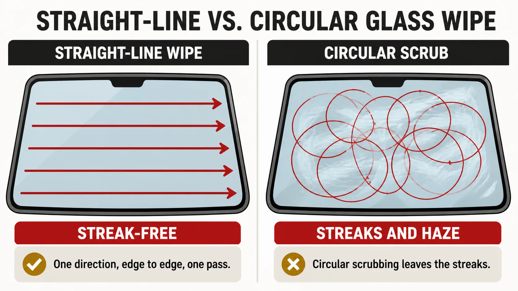 Diagram comparing two glass-wiping patterns: straight horizontal wipe strokes on the left producing a clear pane labeled streak-free, versus overlapping circular scrub marks with residual streak arcs on the right labeled streaks and haze.