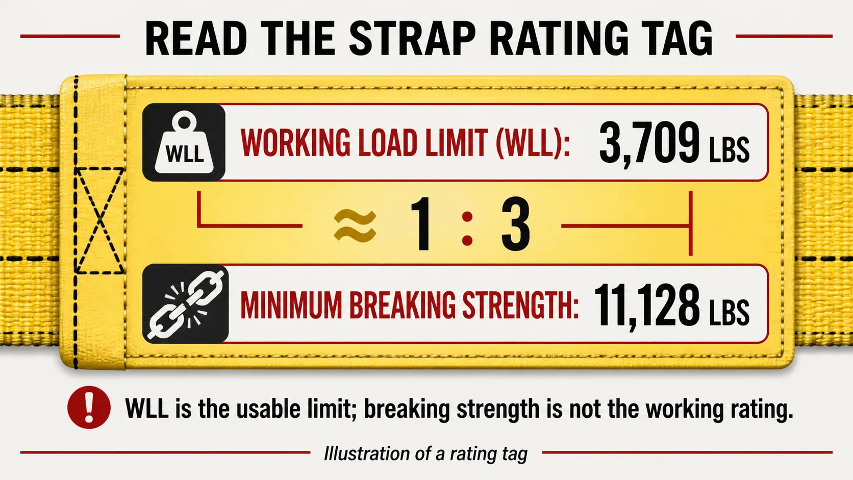 Diagram of a strap rating tag comparing Working Load Limit (3,709 pounds) against Minimum Breaking Strength (11,128 pounds), a roughly 3:1 ratio