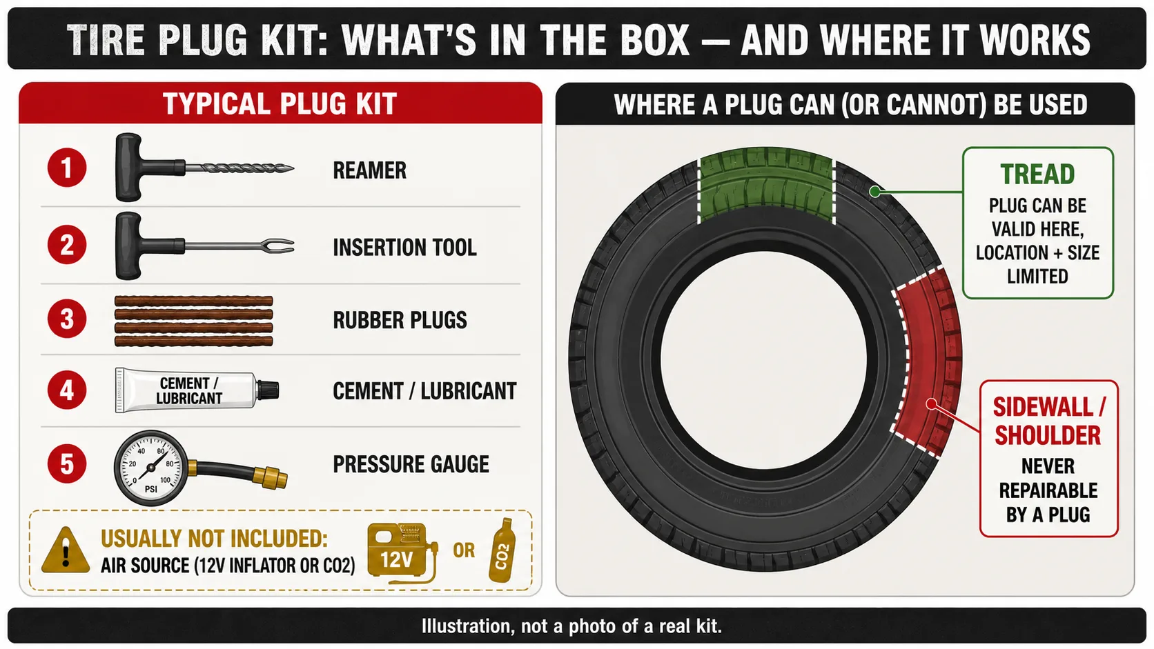 Diagram showing five typical tire-plug-kit tools (reamer, insertion tool, rubber plugs, cement/lubricant, and a pressure gauge) beside a ringed tire illustration labeling the tread and sidewall/shoulder zones.
