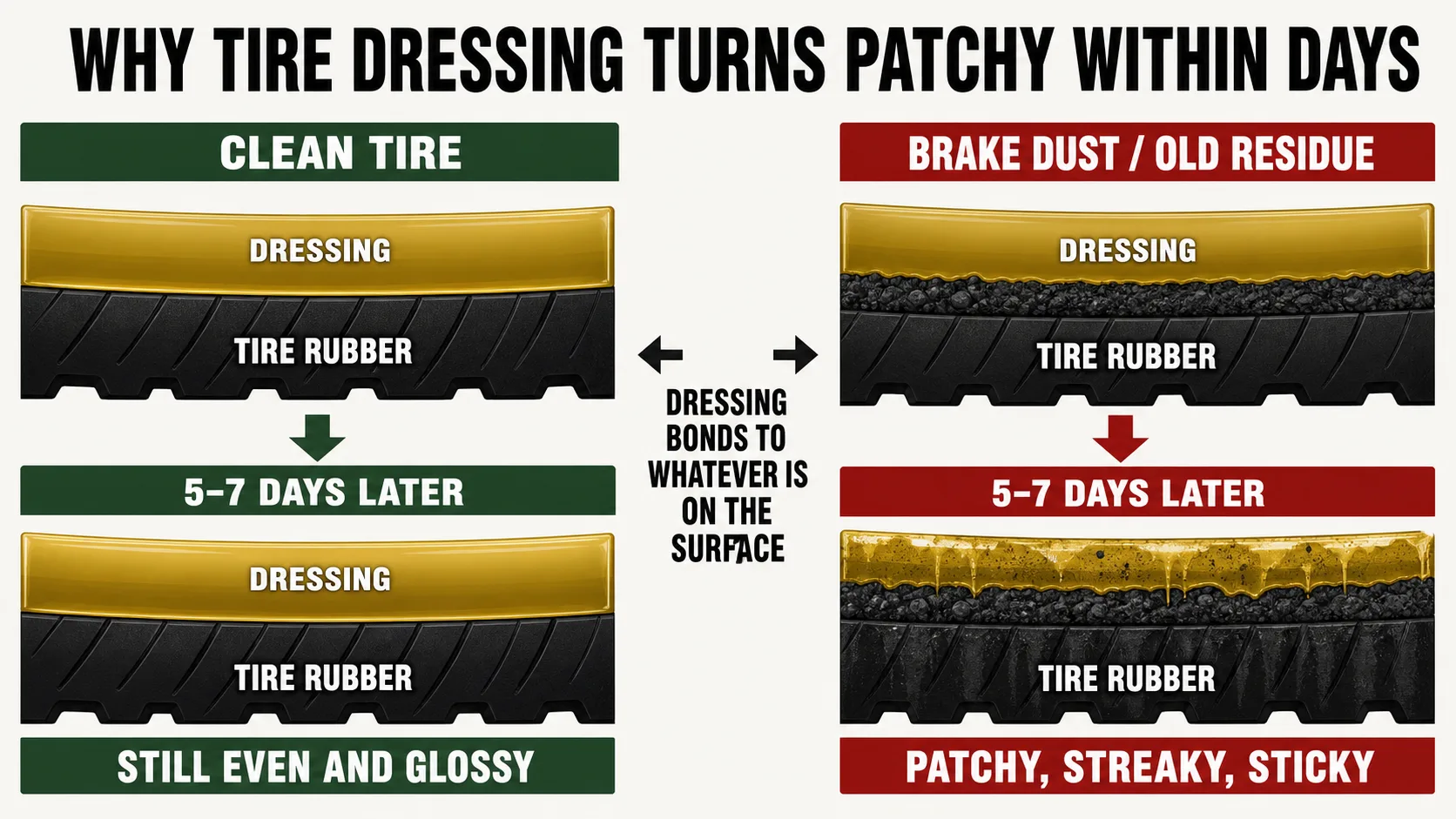 Diagram comparing tire dressing applied to a clean tire against dressing applied over brake-dust residue, showing the clean case staying even and glossy after 5 to 7 days and the residue case turning patchy, streaky, and sticky.