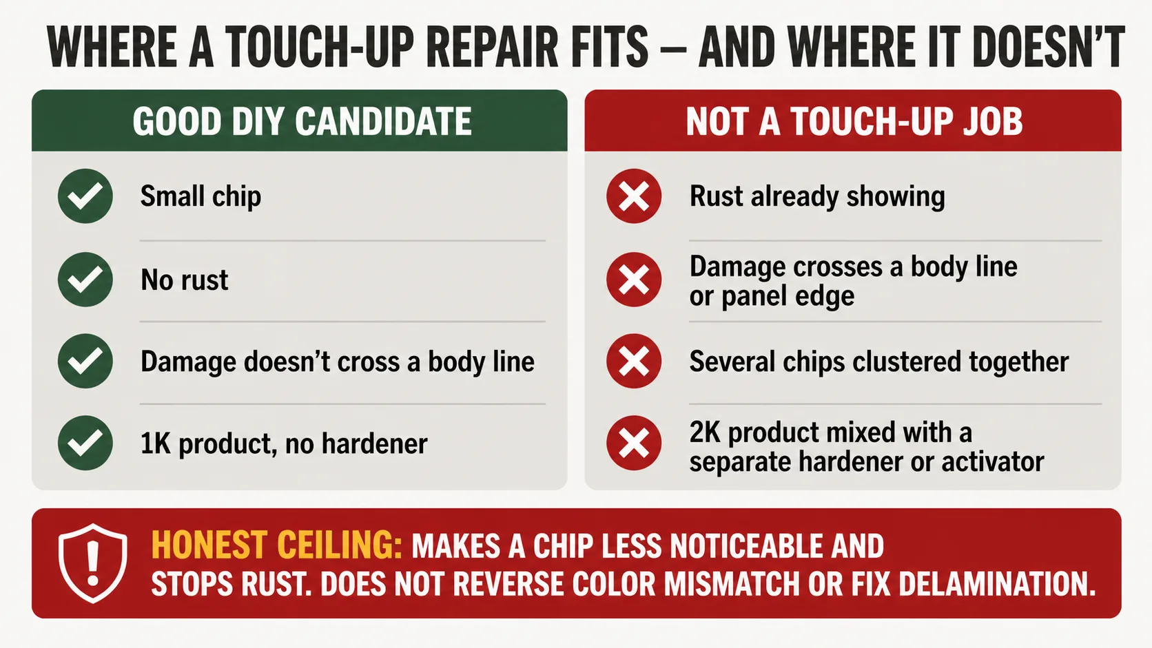 Two-panel diagram: left panel lists what makes a chip a good DIY touch-up candidate, small chip, no rust, not crossing a body line, 1K product; right panel lists what pushes it out of DIY scope, rust, body-line damage, clustered chips, 2K hardener product; bottom note states touch-up paint's honest ceiling of making a chip less noticeable and stopping rust, not reversing color mismatch or delamination