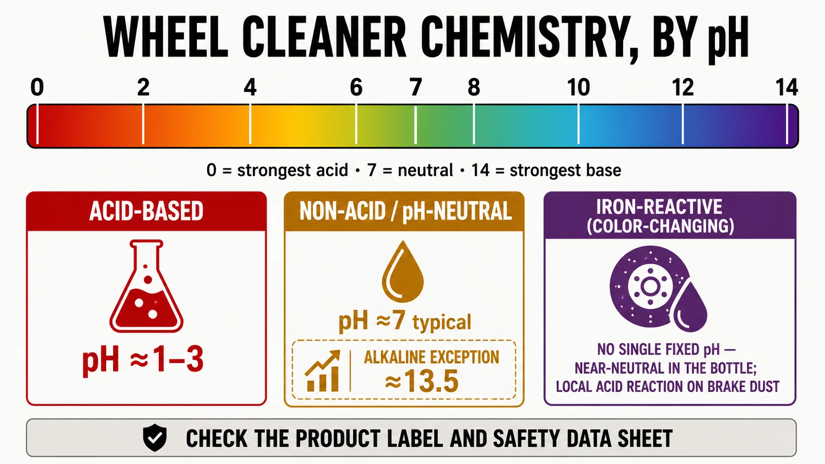 A labeled pH-scale diagram from 0 to 14, marking acid-based wheel cleaners near pH 1 to 3, non-acid pH-neutral cleaners near pH 7 with an alkaline-exception marker near pH 13.5, and iron-reactive color-changing cleaners noted separately as a non-pH-fixed category
